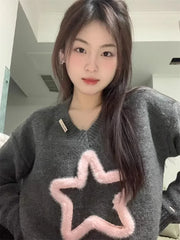 Lunivop Pink Sweet Star Pullovers Women V Neck Short Sweaters Long Sleeve Knitted Harajuku Preppy Style Y2k Loose Sueter Mujer Korean