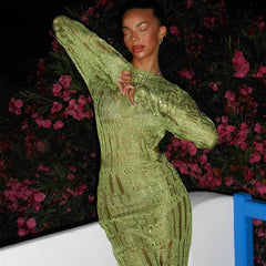 Lunivop Elegant Knitting Ribbed Backless See Through Hollow Out Long Sleeve Women'S Dresses Evening Summer Prom Casual Clothes