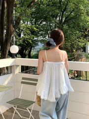 Lunivop Striped Camis Women Lace Patchwork Summer Fashion Loose Slash Neck Chic Sweet Tank Tops Female Casual Backless