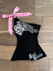 Lunivop American Vintage Print Black Vest for Women Y2k Sexy Off Shoulder Camisole T-shirts 2205 Summer New Slim Waist Tank Top