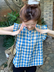 Lunivop Women Sweet Plaid Shirt Casual Preppy Style Flying Sleeve Cute Blouse Korean Summer O Neck Sleeveless Lady Vintage Tops New