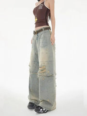 Lunivop American High Street Wasteland Style Ripped Jeans Spring and Summer Loose Washing and Old Wide-leg Japanese and Korean Baggy