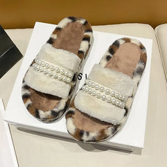 Lunivop Leopard Casual Fluffy Slippers Women Home Flat Fashion Pearl Designer Shoe Ladies Winter Elegant Footwear Open Toe Slippers