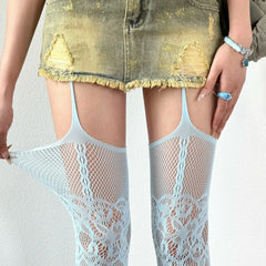 Lunivop Women Hollowed Fishnet Garter Belt Pantyhose Spicy Girl Sexy open crotch Punk Heart Patterned Sheer Thigh High Suspender Tights#