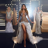 Lunivop Fashion Tulle Pleated Prom Dresses O Neck Long Sleeves High Side Split Floor Length Rhinestone Party Evening Gowns