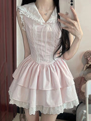 Lunivop Sweet Slim Pink Dress Women Cute Preppy Style Sailor Collar Mini Dress Casual Retro Japan Lace Patchwork Kawaii Cake Dress