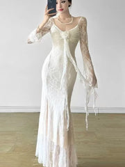 Lunivop Women's Floral Ruffles Sexy Slim Dresses French Vintage Women White Lace Long Sleeved Dress Summer Holiday A-line Vestidos New