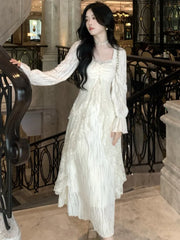 Lunivop Elegant Solid Ruffles Fairy Dresses Korean Lace Patchwork Slim Waist A Line Dress Women Princess Party Vestidos Female Robe New