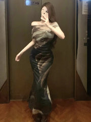 Lunivop Dresses Women Vintage Sexy Floral Printed Slash Neck Off Shoulder Slim Elegant Party Dress Female Fashion Temperament