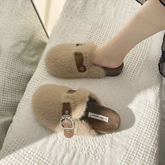 Lunivop Winter Warm Plush Slippers for Women Closed Toe Faux Fur Cotton Shoes Woman Fashion Buckle Lightweight Flat Mules Shoes