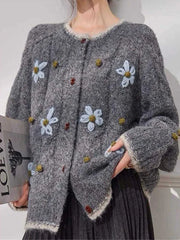 Lunivop Elegant Floral Gray Cardigan Women Lazy Wind Long Sleeve Sweet Knitted Sweaters Vintage Japan Casual O Neck Female Retro Tops