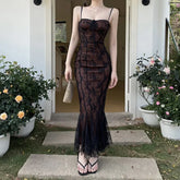 Lunivop Retro Floral White Lace Mermaid Long Dresses for Women Summer Fashion Sexy Backless Spaghetti Strap Split Party Prom Dress