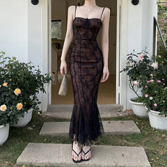 Lunivop Retro Floral White Lace Mermaid Long Dresses for Women Summer Fashion Sexy Backless Spaghetti Strap Split Party Prom Dress