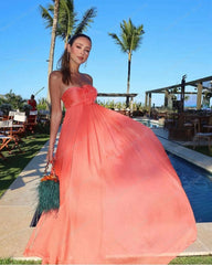 Lunivop Pretty Coral Red Summer New Women's Sexy Strapless Flower Draped Bandage Dress Floor Length Tulle Party Club Vestido With Lining