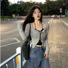 Lunivop Korean Two Piece Set Lace-up Cardigan with Cami Women's Sexy Slim Y2K Crop Long Sleeve Criss Cross Knit Tops Acubi Outfit