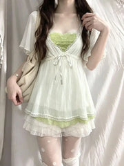 Lunivop Japanese Vintage Fashion White Mesh Cardigan Casual Layered Top Waist Cinching Half Skirt Summer Harajuku 3-piece Set