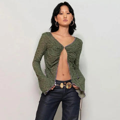 Lunivop Y2k Millenial Style Sexy V-Neck Design Sense Irregular Hollow Slim Leaky Umbilical T-Shirt Top Street Style Long Sleeve Top