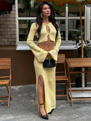 Lunivop Summer Casual Holiday Outfits Female Hollow Out Lace-Up Knit 2 Piece-Set Beach Clothes Women Knitwear Long Skirt Sets