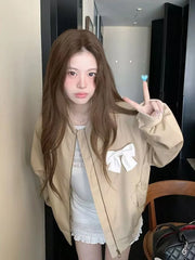 Lunivop Sweet Bow Korean Jacket Women Fall Preppy Style Cute Long Sleeve Coat Vintage Casual O Neck Loose Female Pockets Tops New