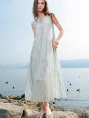 Lunivop Beach Floral Elegant Long Dress Women Casual Vintage Sweet Sleeveless Dress Summer Loose O Neck Lace Up Retro French Dress