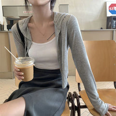 Lunivop Rimocy Summer Knitted Hooded Cardigan Women Korean Streetwear Single Breasted Crop Tops Woman Solid Long Sleeve Knitwear Top