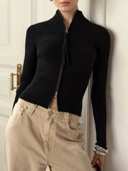 Lunivop Zipper Slim Fit Stand Collar High Waist Trendy Long Sleeve Tops Spring New Women Clothing Knitted Tops Solid Color