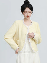 Lunivop Sweet Yellow Tweed Jackets Women Vintage Lace Patchwork Elegant Short Coat French Retro Casual O Neck Long Sleeve Fall Outwear