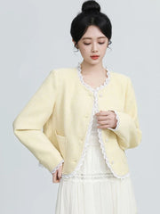 Lunivop Sweet Yellow Tweed Jackets Women Vintage Lace Patchwork Elegant Short Coat French Retro Casual O Neck Long Sleeve Fall Outwear