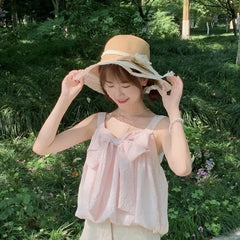 Lunivop Pure Desire Foam Cotton Sweet Pink Summer Refreshing Sling Young Style Women Niche Bow Knot Sleeveless Loose Vintage Casual Tops