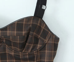 Lunivop Sexy Ruched Wire Bra Coffee Plaid Camis Women Spliced Black Mesh Waist Back Zipper Crop Top Camisoles Bra Tank Vest
