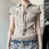 Lunivop Safari Style Vintage Turn Down Collar Short Sleev Women Shirts Y2k Cross Lace Up Design Harajuku Knitted Clothes Street Punk Top