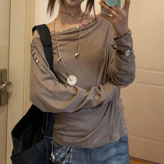 Lunivop Y2k Aesthetic Slash Neck Sexy Tshirts Women Harajuku Vintage Button Slim Fit Streetwear Tees 2024 Autumn Grunge Solid T Shirt
