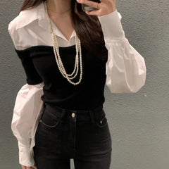 Lunivop Fake Two-piece Multi-button Casual Long-sleeved Shirt Women Autumn New Streetwear Polo Collar Contrast Color Patchwork Tops