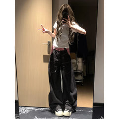 Lunivop Women's Splicing Black Jeans High Street Straight Leg Fashion Y2K Style American Summer Oversized Women's Loose Jeans 2025 NEW