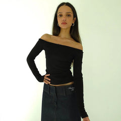 Lunivop Knit Rib Off The Shoulder Long Sleeve High Waist Tank Crop Top T-Shirts Fall Winter Y2K Casual Clothing