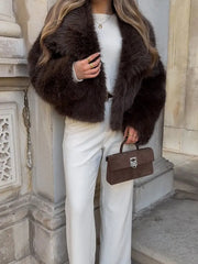 Lunivop Heart Turn-down Collar Faux Fur Coats Women Elegant Brown Long Sleeved Coat Female Autumn Thickening Short High Street Outwears