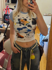 Lunivop Spring/Summer New Round Neck Color Matching Animal Print Dopamine Millennial Style Sexy Slim Short-Sleeved Top