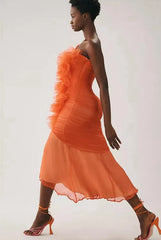 Lunivop Lovely Orange One Shoulder Pleated Tulle Party Dresses Ruched Mermaid Prom Dress Ruffled Pleated Tulle Trumped Women Dresses