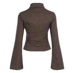 Lunivop Vintage Striped Blouses Brown Button-up Slim-fit Shirts Office Ladies High Street Turn-down Collar Flared Sleeve Tops