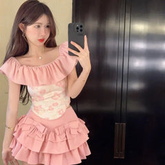 Lunivop Y2k Sweet Slash Neck Ruffles Slim Fit Top for Women+ High Waist Bow Ruched Cake Skirts Summer New Two Piece Sets