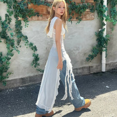 Lunivop Hooded Sheer Sleeveless Mesh Lace Ruffles Asymmetrical Short Women'S Dresses Fashion Y2K Streetwear Sexy Korean Clotehs