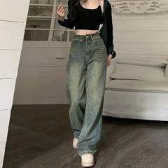 Lunivop Vintage High-waisted Slimming Jeans American Style Casual Bell Bottoms Versatile Straight-leg Long Pants For Women