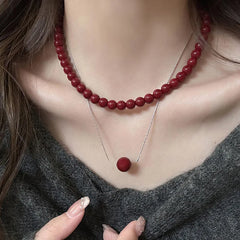 Lunivop Kpop Double Layered Red Beads Necklaces for Women Sweet Lucky Pearl Chain Necklace Aesthetic Y2K Jewelry Accessories