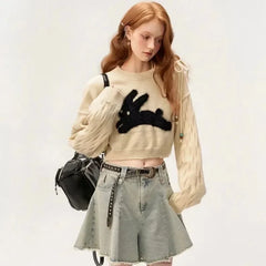 Lunivop Sweet Bandage Off Shoulder Sueter Mujer Loose Knitted Short Y2k High Waist Cartoon Rabbit Print Women Crop Tops Sweaters