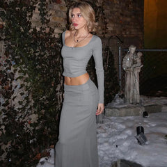 Lunivop Gray Slim Skirt Sets Women Fashion Long Sleeve T-shirt and Maxi Skirt Outfits Autumn Winter Casual Party Two Piece Set 2024