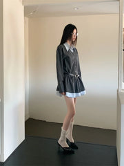 Lunivop Mock Two-Piece Preppy Long Sleeve Short Dress For Woman 2025 Fall Clothes Patchwork Causal Short Dress Korean Fashion
