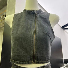 Lunivop New Summer Fashion High Street Denim O Neck Zip Up Vest Harajuku Y2k All Match Casual Camisole American Punk Short Clothes
