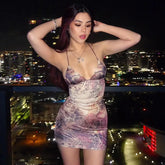 Lunivop Mesh Floral Print Halter Backless Mini Women'S Dresses 2024 Summer Casual Evening Party Y2K Streetwear Beach Clothing