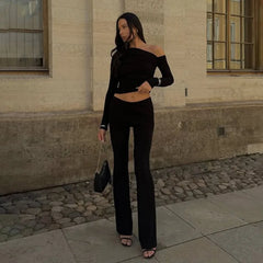 Lunivop Solid 2 Piece Set Sexy Inclined Shoulder Long Sleeve Ruched T-shirts Crop Tops Wrapped Peach Hips Flare Pants Women Casual Suit