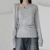 Lunivop Asymmetrical Off-shoulder Crop Top Grey Bandage Drawstring Long Sleeve Knitted T Shirts Korean Fashion Casual Tees Women